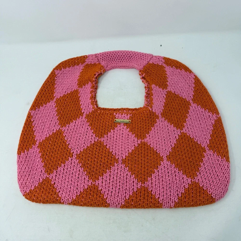 Kopari Pink Orange Checkered Knit Tote Bag Harlequin Pattern Top Handle Bag